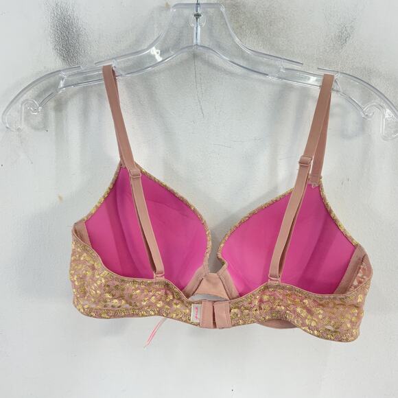 Pink Beige & Gold Leopard Print Push Up Bra Womens Size 34B Nylon Blend Preowned - Picture 2 of 5